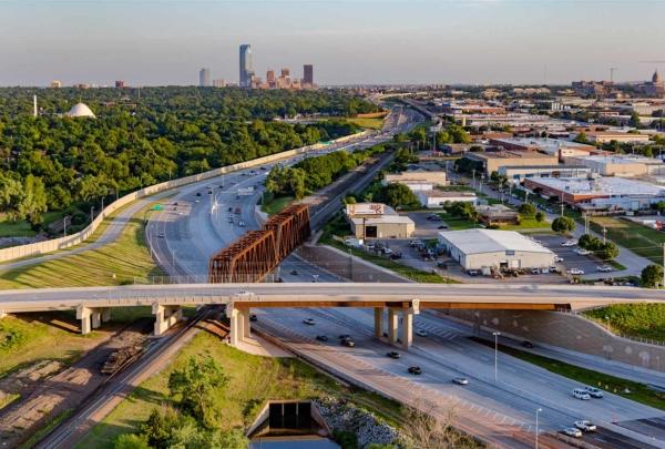 Aerial view of I-235 Broadway Extension Corridor project adjacent to Central Business District